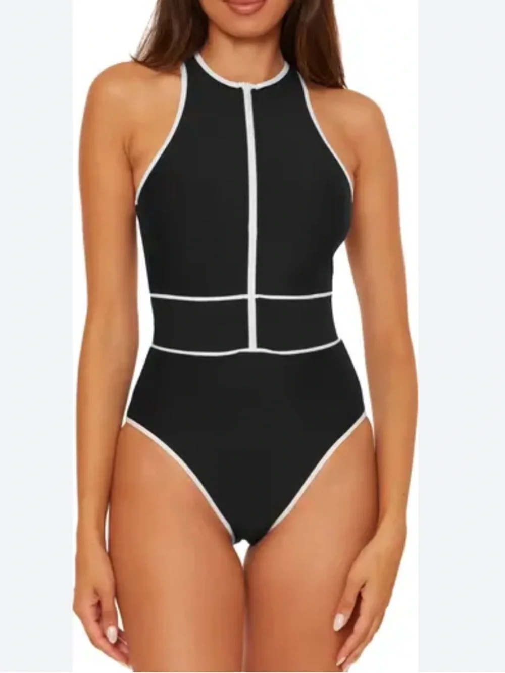 BECCA Swimsuit NWT Bali Boho Contrast Piping Sport One Piece Black White Size S